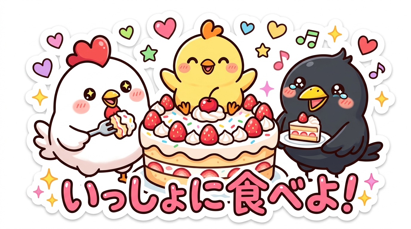 いっしょに食べようと誘う3羽のとり