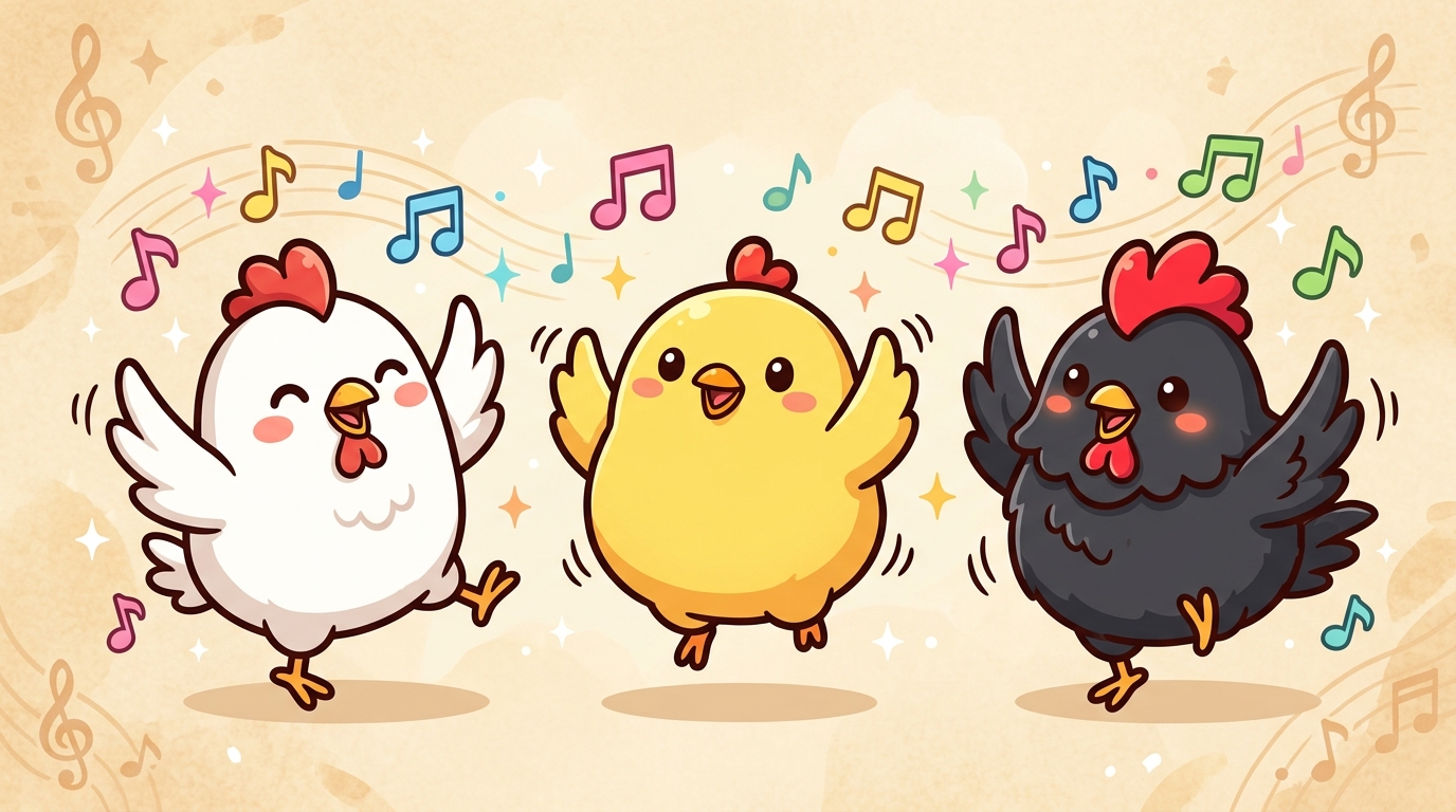 音符に囲まれて踊る3羽のとり
